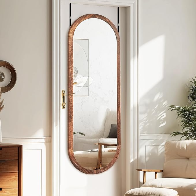 16"x48" Oval Full Length Mirror Solid Wood Wall Mirror with Hanging Strap for Living Room Bathroom Bedroom Entryway - Brown