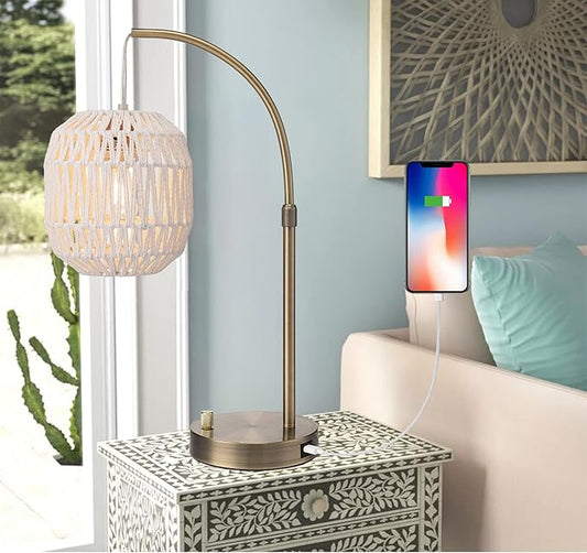 Tall Industrial Gold Rattan Table Bedside Lamp for Bedroom with USB Charge Port, Boho Woven Nightstand Lamp Home Office Couch Side Living Room Decoration Desk Lamp Gold & White