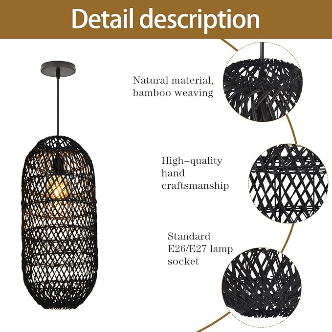Arturesthome 1 Light Rustic Rattan Basket Pendant Light Fixture, Boho Wicker Chandelier Lamp Black, Coastal Handmade Crafts Lampshade, Farmhouse Hanging Ceiling Lighting for Dining Kitchen