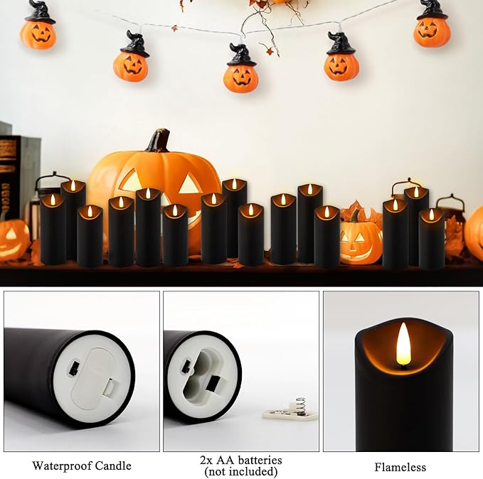 fclayvts Realistic Flameless LED Candle Black Set of 24, Battery Operated with Remote Control, 3D Flame Pillar Timer Funtion Melted Top Safe,Perfect for Indoor/Outdoor Decor,Wedding,BBQ and Gift