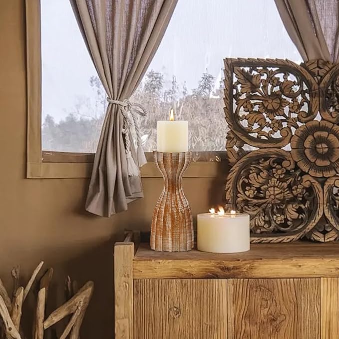 Wood Candle Holders for Pillar Candles Wooden Candlestick Holder Unique Angular Design Home Decer with Solid Wood High-End Retro Farmhouse Style (Retro Wave)