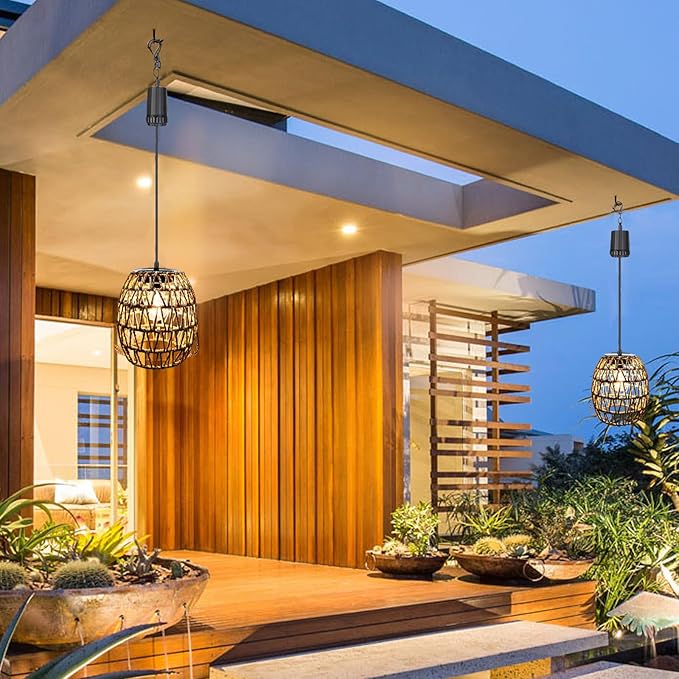 Battery Operated Outdoor Hanging Light Waterproof,6 Hours Timer Seagrass Woven Chandelier Indoor Outdoor Rattan Lantern for Patio Porch Gazebo Garden,Battery Operated Pendant Light with Edison Bulb