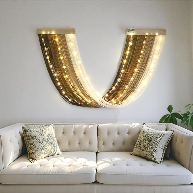 OakHaomie Macrame Fairy Lights Battery Operated with Remote,Large Macrame Wall Hanging with 20ft 100 LED String Lights,Brown Gradient Warm White Light for Living Room,Bedroom,Christmas,Holiday Deco