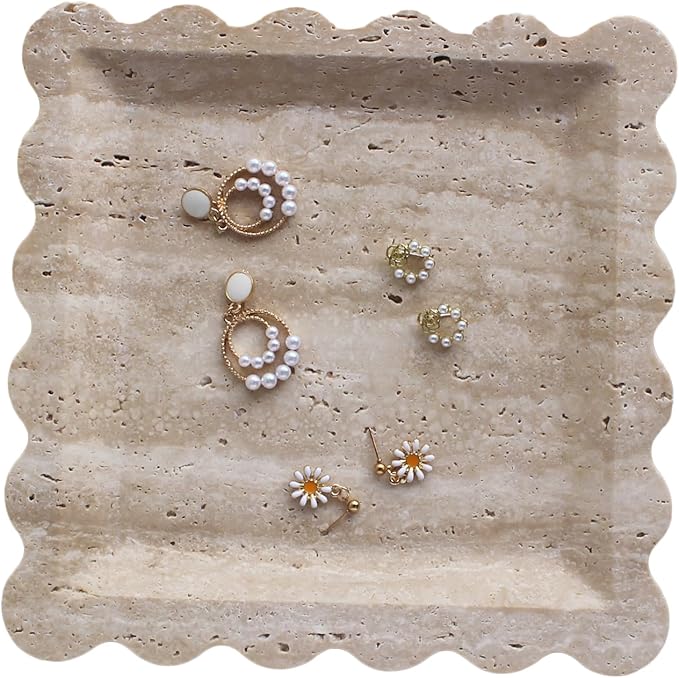 Natural Luxury Marble Tray with Scalloped Edge, Handmade Square Decorative Tray, Catch All Tray for Counter, Dresser, Nightstand and Home Décor (Beige Travertine)