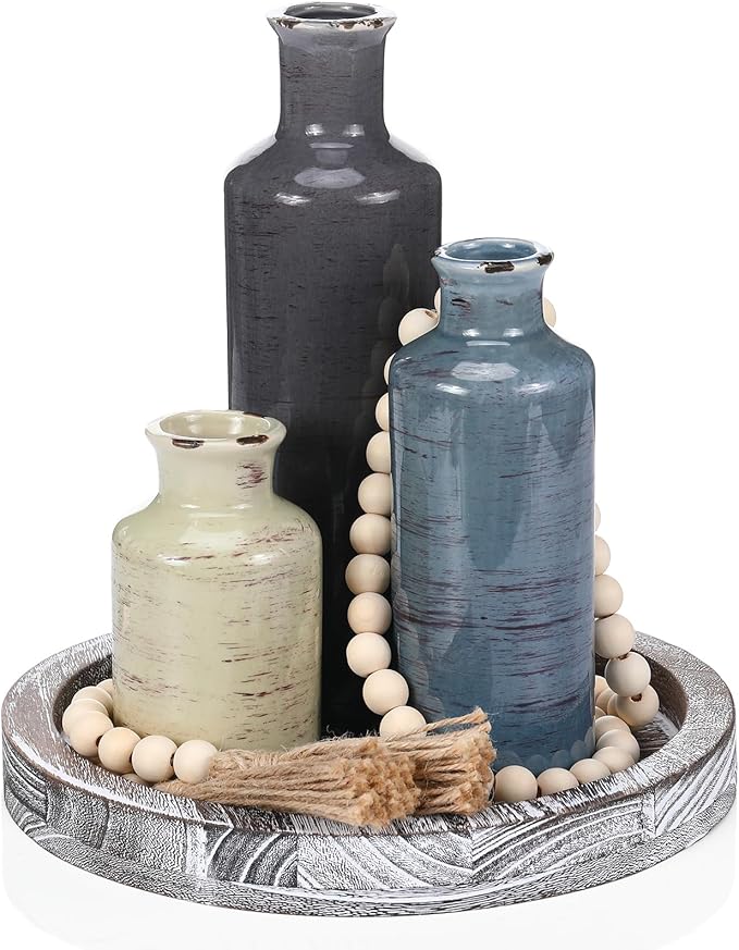 Tiangrid 5 Pcs Rustic Country Tabletop Centerpieces Decor Set of 3 Boho Ceramic Vases with Wooden Serving Tray Wood Bead Garland Tassels Table Holder for Home Decorations(Rustic Color)