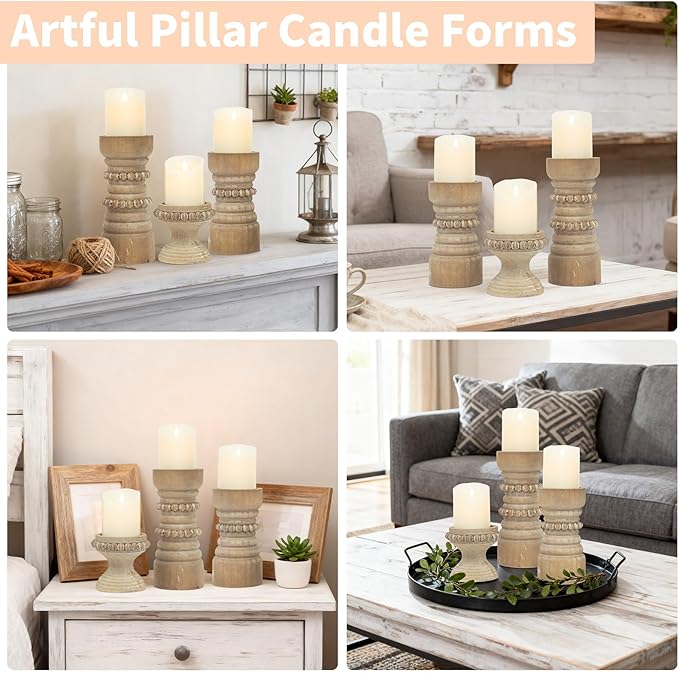 MODE HOME Rustic Wood Candle Holders Set of 3, Farmhouse Beaded Wood Pillar Candle Holder, Candle Holders for Pillar Candles & Candlesticks, Candle Sticks Holder Decor for Table Centerpiece