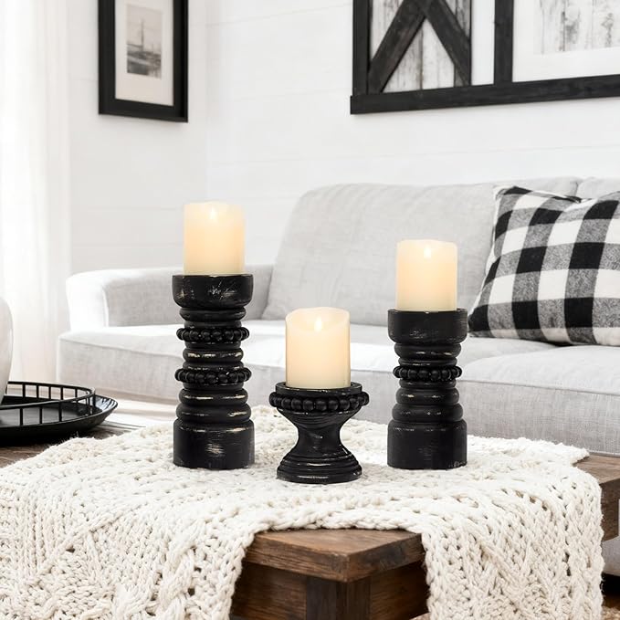 MODE HOME Rustic Wood Candle Holders Set of 3, Farmhouse Beaded Wood Pillar Candle Holder, Candle Holders for Pillar Candles & Candlesticks, Candle Sticks Holder Decor for Table Centerpiece