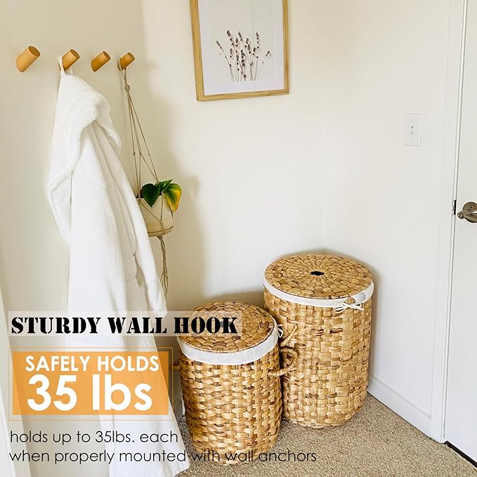 Wooden Wall Hooks, Natural Wood Coat Hooks Wall-Mounted (2 Pack), Rustic Wall Coat Rack Hat Hook, Entryway Walls Hangers, Heavy Duty Hook for Hanging Towels (Beech Wood)