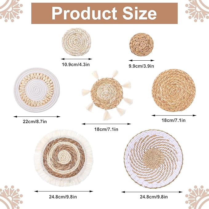 mekueeex 7 PCS Boho Wall Basket Decor - Seagrass Rattan Wicker Wall Decors Round Handmade Hanging Rustic Flat Elegant Wall Art for Farmhouse Living Rooms Bedrooms Display Classroom Decor ﻿