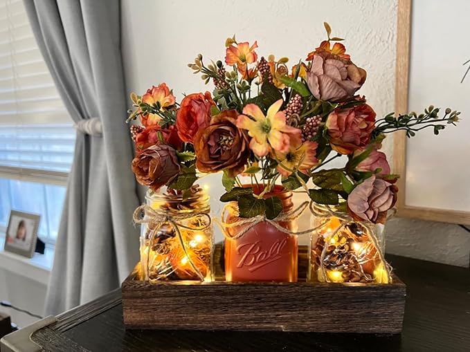 DUOER 3 Pcs Mason Jar Centerpiece Table Decorations for Dining Table Decor Farmhouse Coffee Table Decor with Wood Tray and Led Light Table Centerpieces for Dining room Kitchen Living Bathroom,Orange