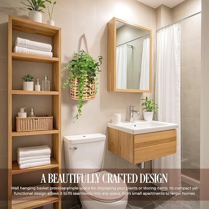 Natural Handwoven Wall Hanging Water Hyacinth Basket for Front Door Flowers & Home Decor – Handwoven Wicker Wall Baskets with Loop Handle – Decorative Organizer for Entryway Mail and Seasonal Display