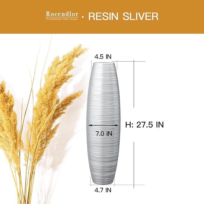 Rocendlor Tall Floor Vase, 27.5 inches (70cm, 2.3FT) Tall Vases Sturdy, Luxury, Textured for Decorative Branches Dried Flowers, Floor Vase for Rustic Living Room, Modern Decor, Resin Silver Vases