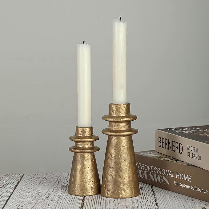 Vintage Brass Handcrafted Iron Taper Candle Holders - Set of 2 Decorative Candle Stands for Weddings, Dining, and Parties