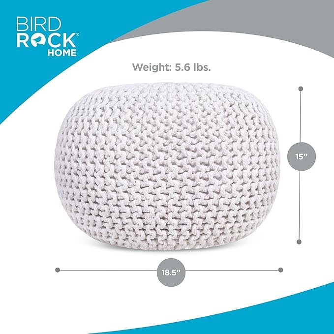 BIRDROCK HOME Round Pouf Ottoman | Cotton Braided Foot Stool with Bean Bag Filling | Boho Foot Rest for Living Room & Bedroom | Compact & Comfortable Seating, Lightweight & Soft | Ivory