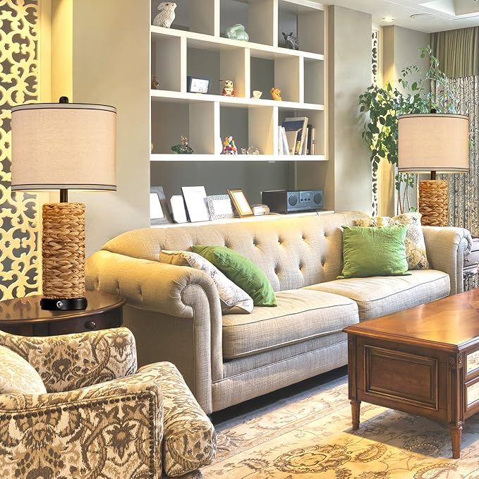 GyroVu Rattan Table Lamp Set of 2, Wicker Lamps, Dimmable Touch Seagrass Table lamp with 2 USB Ports and 1 AC Outlet for Bedroom Nightstand Table, Livingroom End Table, Bulbs Include