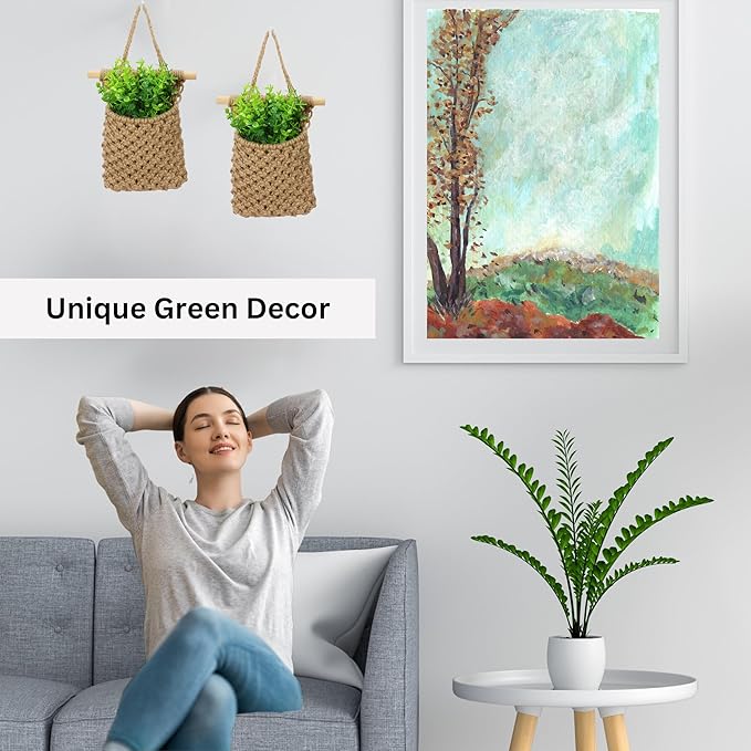 2 Packs Macrame Wall Planters with Artificial Eucalyptus | Macrame Plant Hanger, Wall Plant Holders for Boho, Bathroom, Bedroom & Wall Hanging Decor (2 Packs, Brown)