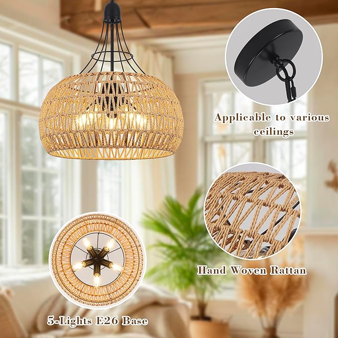 20" Rattan Farmhouse Chandeliers for Dining Room, 5-Light Boho Rattan Chandelier Light Fixtures with Woven Wicker Lampshade, Rustic Pendant Lighting for Kitchen Island, Living Room