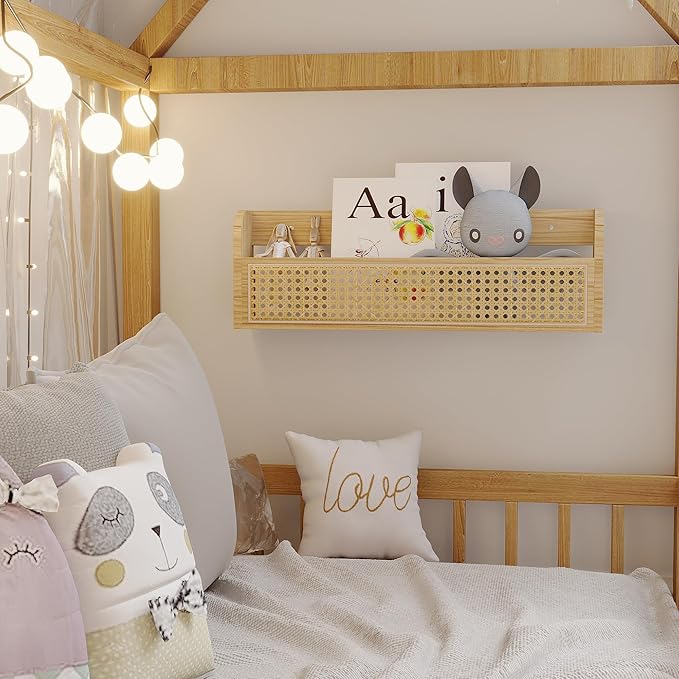 Wooden Rattan Wall Shelf - 24’’ Nursery Hanging Book Shelves for Wall, Picture Ledge Wicker Shelf, Boho Decorative Shelves for Netural Nursery Decor, Floating Rattan Shelf for Office,Bedroom