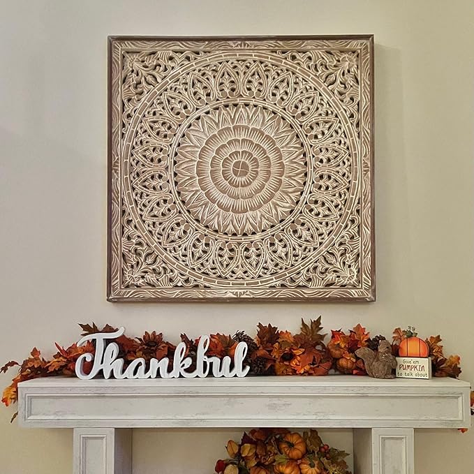 KultureDeco Large Spiritual Mandala Décor Wood Wall Hanging Decor | Above Bed Wall Decor | Living Room & Bedroom Décor Asethetic | Zen Farmhouse Wall Art (Cendana (Antic-Wash))