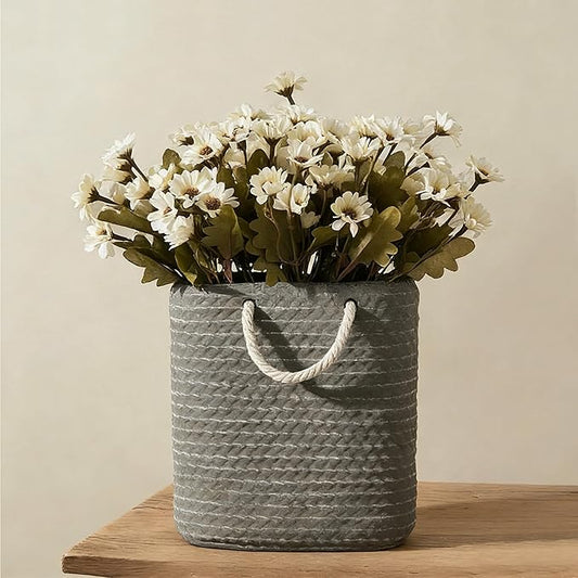 Vaseking Elegant Petite Vase, 8 inch Ceramic Modern Minimalism Basket Vase with Hanging Rope, Creative Tote Bag Vases for Home Decor, Living Room, Wedding, Bookshelf Decor, Gray