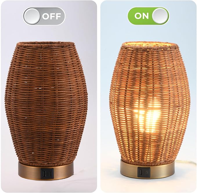 Boho Style Rattan Table Lamp,Dimmable Bamboo Desk Lamp,Touch & USB Charger Port,Oven Brown Rattan