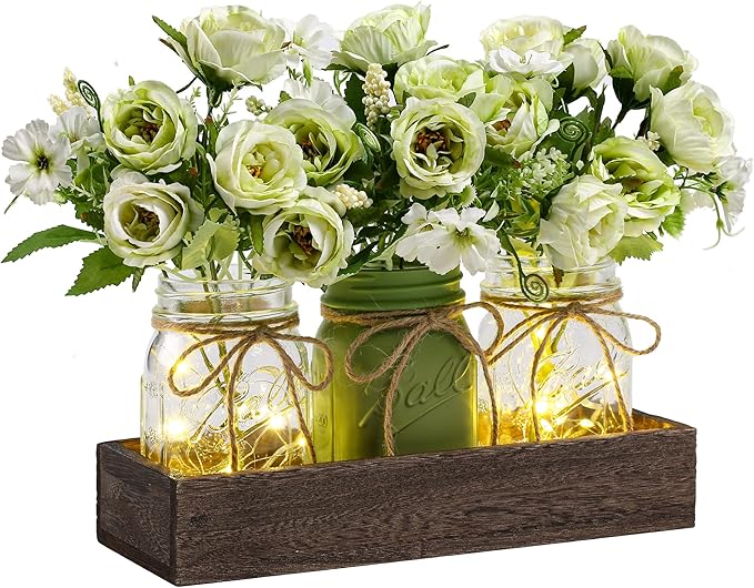 DUOER 3 Pcs Mason Jar Centerpiece Table Decorations for Dining Farmhouse Coffee Table Decor with Wood Tray and Led Light Table Centerpieces for Dining room Kitchen Living Bathroom,Green