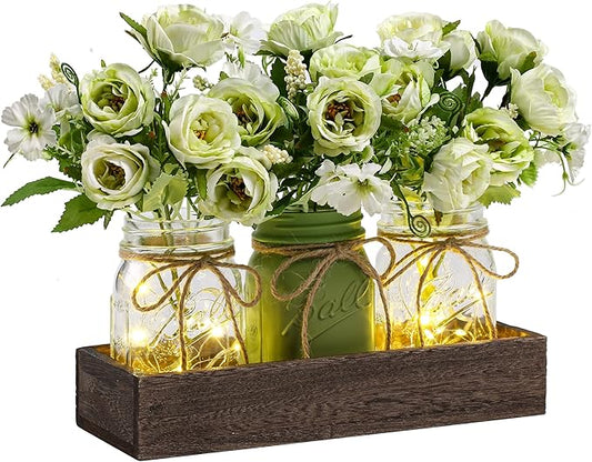 DUOER 3 Pcs Mason Jar Centerpiece Table Decorations for Dining Farmhouse Coffee Table Decor with Wood Tray and Led Light Table Centerpieces for Dining room Kitchen Living Bathroom,Green