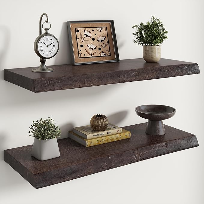 RICHFOCUS Live Edge Elm Floating Shelves - 30" W x 9.3" D Rustic Solid Wood Wall Shelves with Invisible Bracket, Wall-Mounted for Living Room, Bedroom, Kitchen Storage & Display, Set of 2, Walnut