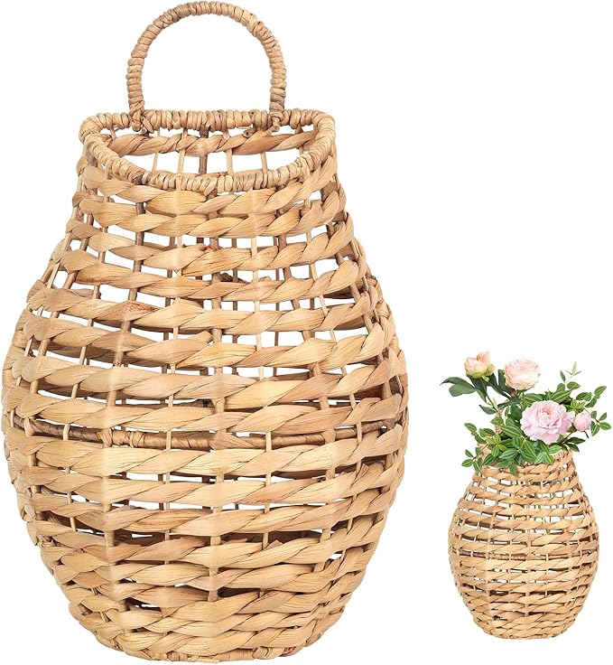 Natural Handwoven Wall Hanging Water Hyacinth Basket for Front Door Flowers & Home Decor – Handwoven Wicker Wall Baskets with Loop Handle – Decorative Organizer for Entryway Mail, and Seasonal Display