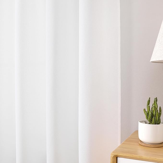 Tollpiz Short Linen Curtain Living Room Rod Pocket Semi Sheer Curtains Burlap Light Filtering Thick Linen Drape for Bedroom, 54 x 45 inches Long, White, Set of 2 Panels