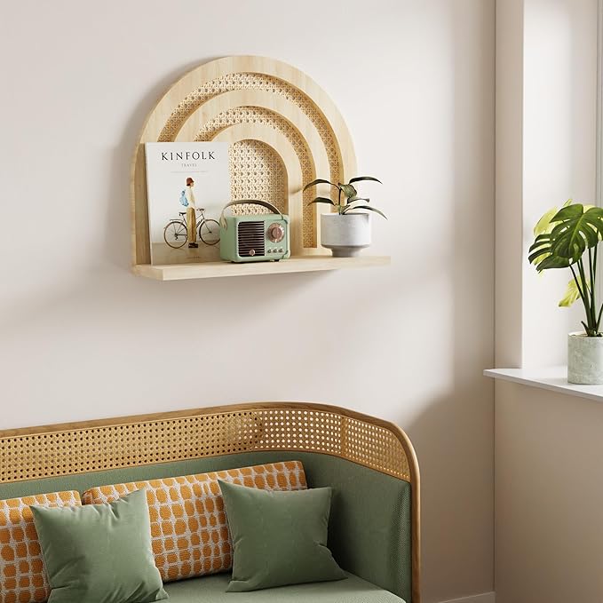 Natural Rattan Shelf, Handmade Woven Hanging Shelf for Storage and Decor, Rustic Farmhouse Boho for Kids, Bedroom, Office