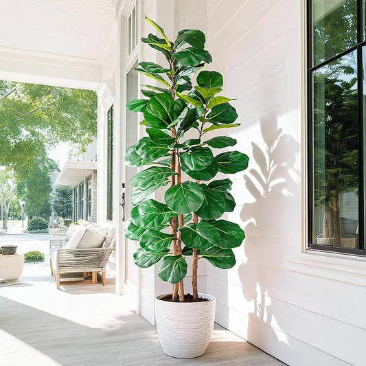 Large Artificial ficus Tree Tall Faux Plastic Plants Flowers Indoor Outdoor Realistic Floor Plant Fake Fiddle Leaf fig Trees for House Home Living Room Office Front Porch Modern Farmhouse Decor