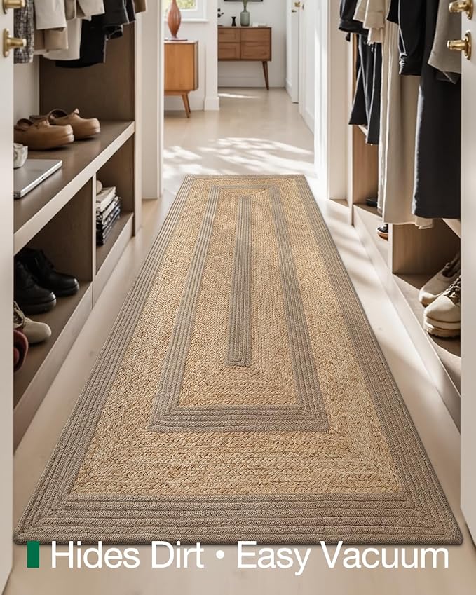 LUMI Jute Runner Rug Non Slip for Hallway, 3'x12' Natural Rustic Carpet No Shedding, Farmhouse Braided Area Mat Indoor High Traffic for Living Room, Entryway, Kitchen, Laundry