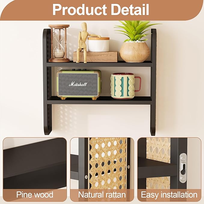 2-Tier Rattan Shelf, Black Rattan Bookshelf Wall Mounted, Handmade Woven Display Shelf, Decorative Boho Shelves for Entryway, Nursery, Kitchen, Bathroom, Living Room