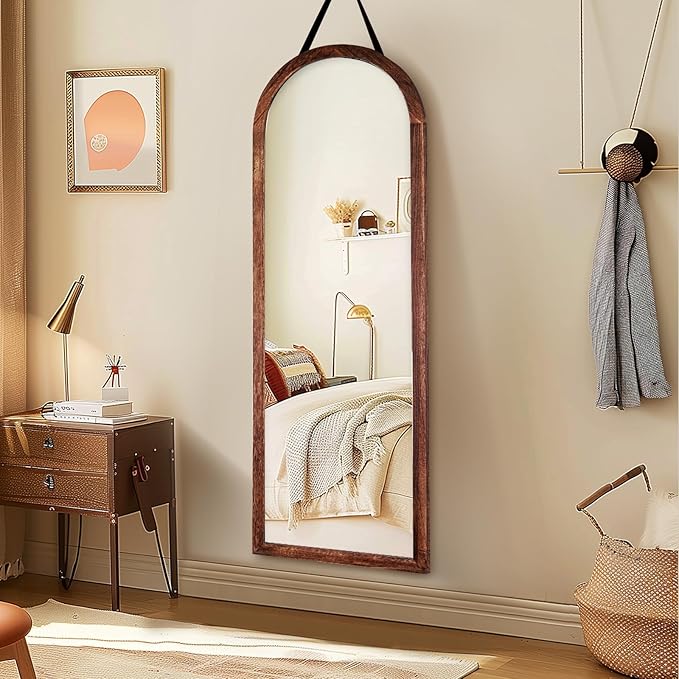 16"x48" Arched Full Length Mirror Solid Wood Wall Mirror with Hanging Strap for Living Room Bathroom Bedroom Entryway - Brown