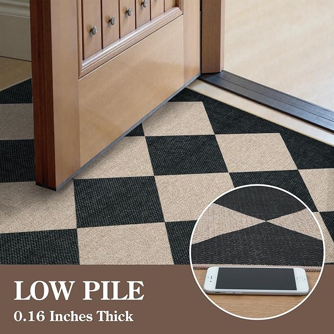 Collive Checkered Easy Jute Outdoor Patio Rug 5x7, Modern LargeWashable Area Rugs Large Non Slip Woven Living Room Carpets, Farmhouse Black Plaid Outside Carpet for Backyard Dining Room Dorm RV