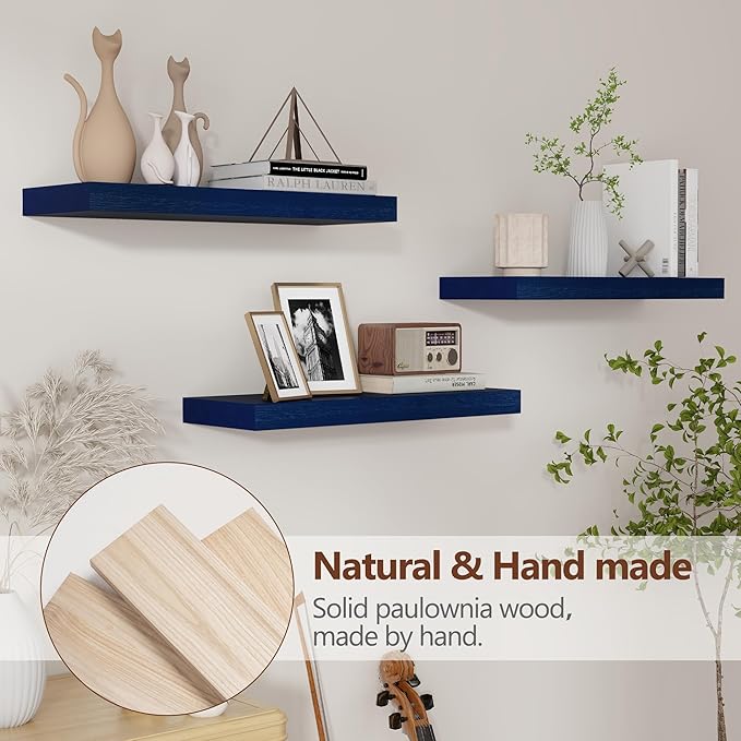 fuqing Blue Floating Shelves for Wall - Wood Wall Shelves Set of 3 - Dark Blue Shelves for Room Decor & Storage in Bedroom Living Room Bathroom Kitchen