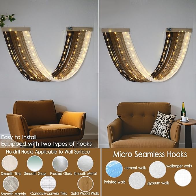 OakHaomie Macrame Fairy Lights Battery Operated with Remote,Large Macrame Wall Hanging with 20ft 100 LED String Lights,Brown Gradient Warm White Light for Living Room,Bedroom,Christmas,Holiday Deco