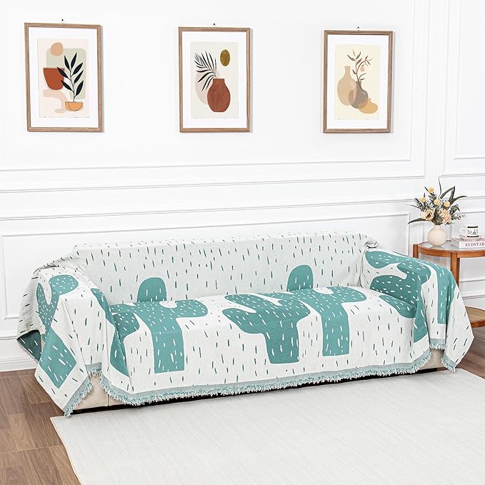 MYSKY HOME Couch Cover for Sectional Sofa Set Cactus Pattern Sofa Cover Washable for Dogs Cats Pets Couch Cover 3 Cushion Sofa Chenille Couch Protector Multi-Use Couch Cover Blanket, 71" X134"