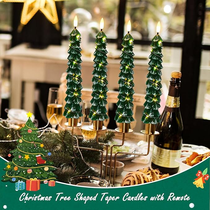 GenSwin Flameless Christmas Tree Candles with Remote Timer, Real Wax Christmas Tree Flameless Taper Candles Battery Operated with String Lights, Set of 4 LED Tree Candlesticks for Home Winter Decor