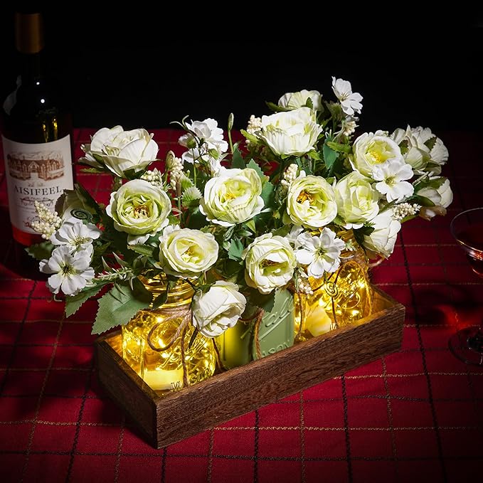 DUOER 3 Pcs Mason Jar Centerpiece Table Decorations for Dining Farmhouse Coffee Table Decor with Wood Tray and Led Light Table Centerpieces for Dining room Kitchen Living Bathroom,Green