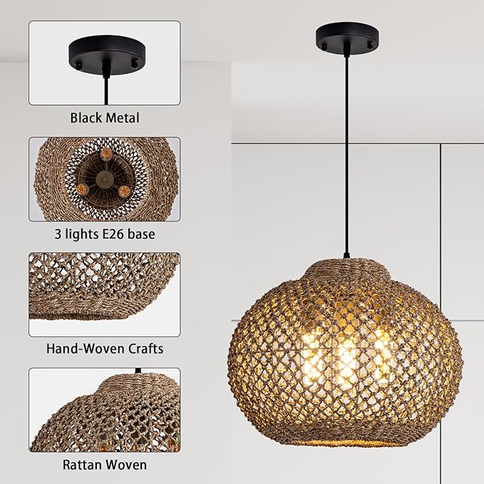3-Light Rattan Pendant Light, 16.54 Inchesk Boho Wicker Hand-Woven Hanging Kitchen Island Chandelier for Dining Room Bedroom for Dining Room, Living Room, Bedroom, Kitchen, Farmhouse