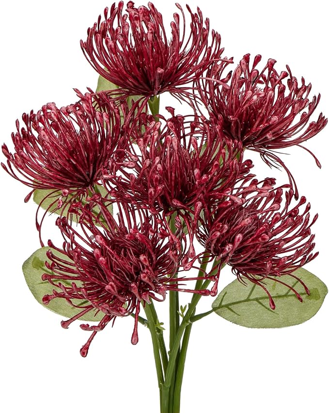 Briful 6PCS Artificial Chrysanthemum Fall Flowers 4'' Faux Pincushion Flower Large Spider Mums Autumn Flowers for Home Décor Centerpiece Wedding Bouquet (Burgundy)