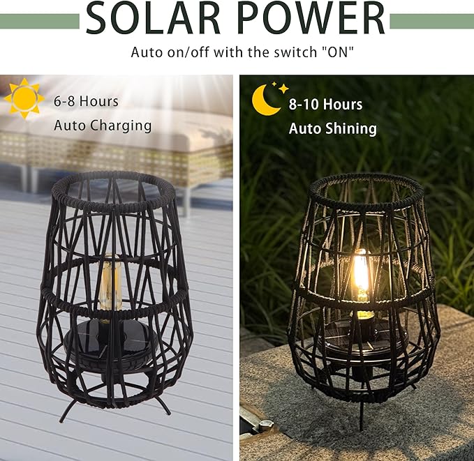 TRIROCKS Set of 2 Solar Lantern Outdoor Table Lamp Outside Hanging Solar Lights with Olifen Rope Waterproof Rattan Outside Deck Light for Patio Garden Lawn Yard (Black)