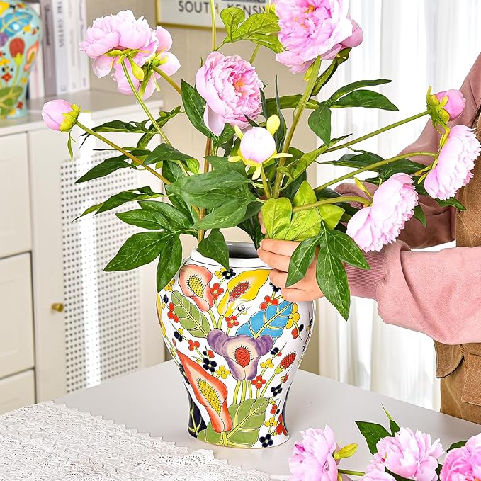 Sungmor Decorative Ceramic Ginger Jar with Lid, Floral Pattern Porcelain Temple Storage Jar, 14" Hand Painted Ceramic Flower Vase for Centerpiece, White Glazed Vase for Flower Arrangement, Home Decor