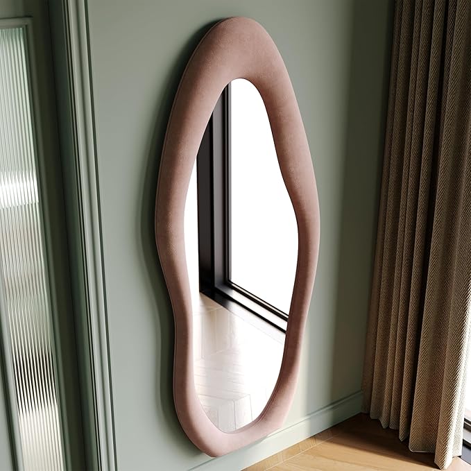 Honyee Full Length Mirror, 63" x 24" Wall Mirror, Flannel Wrapped Wooden Frame Full Body Mirror, Irregular Wavy Mirror Hanging or Leaning Against Wall for Cloakroom/Bedroom/Living Room, Pink