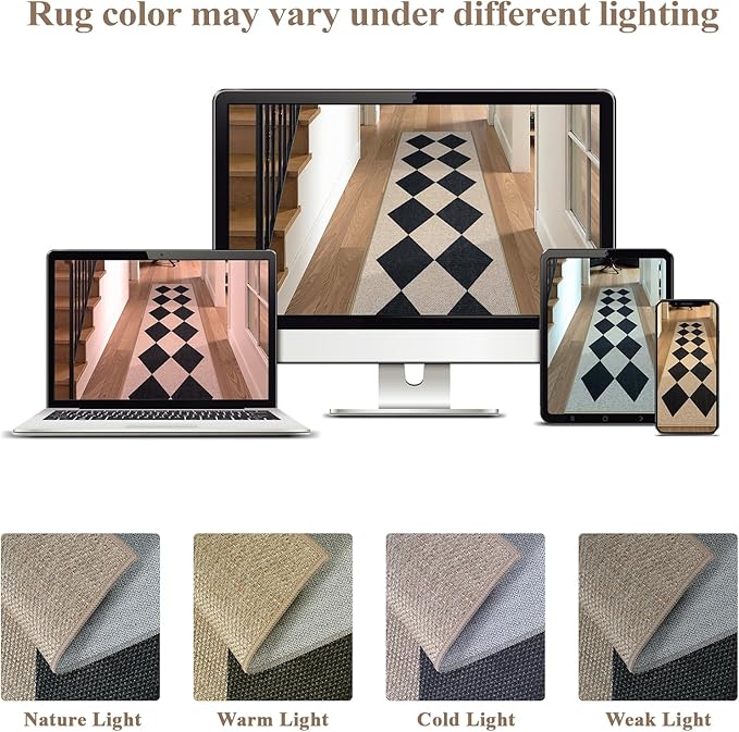 Collive Easy Jute Checkered Area Rug, 4x6 Modern Washable Rugs for Living Room Black Diamond Outdoor Patio Rug, Non Slip Dining Room Carpet Low Pile Entryway Indoor Door Mats for Backyard Bedroom