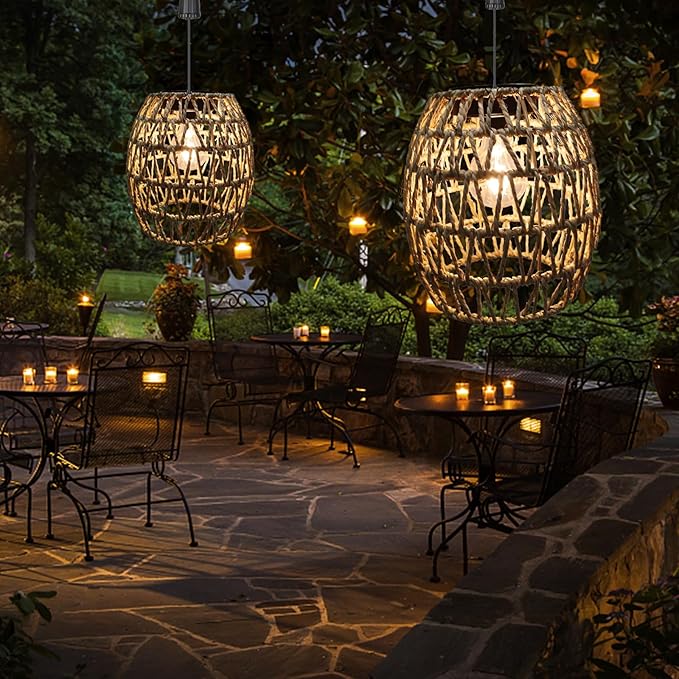 Battery Operated Outdoor Hanging Light Waterproof,6 Hours Timer Seagrass Woven Chandelier Indoor Outdoor Rattan Lantern for Patio Porch Gazebo Garden,Battery Operated Pendant Light with Edison Bulb
