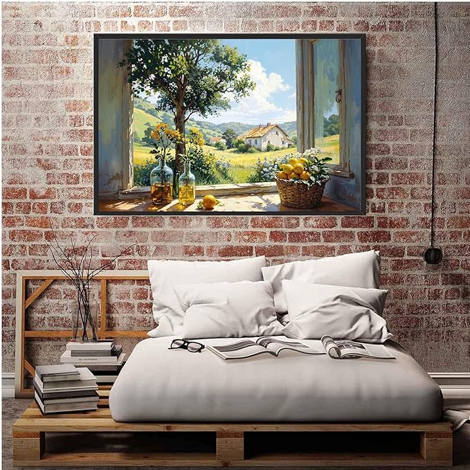 Vintage window farmhouse canvas painting wicker basket full of lemons rolling green hills lush foliage yellow flowers glass bottle rustic charm tranquil country living textured artwork wall decor