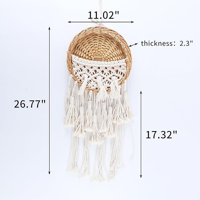 SHCMSADO Macrame Willow Storage For Living Room Bedroom Dorm Background, Boho Wicker Hanging Wall Decor Mini Chic Organizer for Nursery key Aromatherapy and Small daily necessities